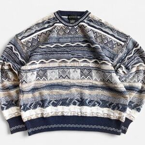 Vintage Conte di Milano Blue Cream Tan 3D Knit Funky Retro Crewneck Sweater L